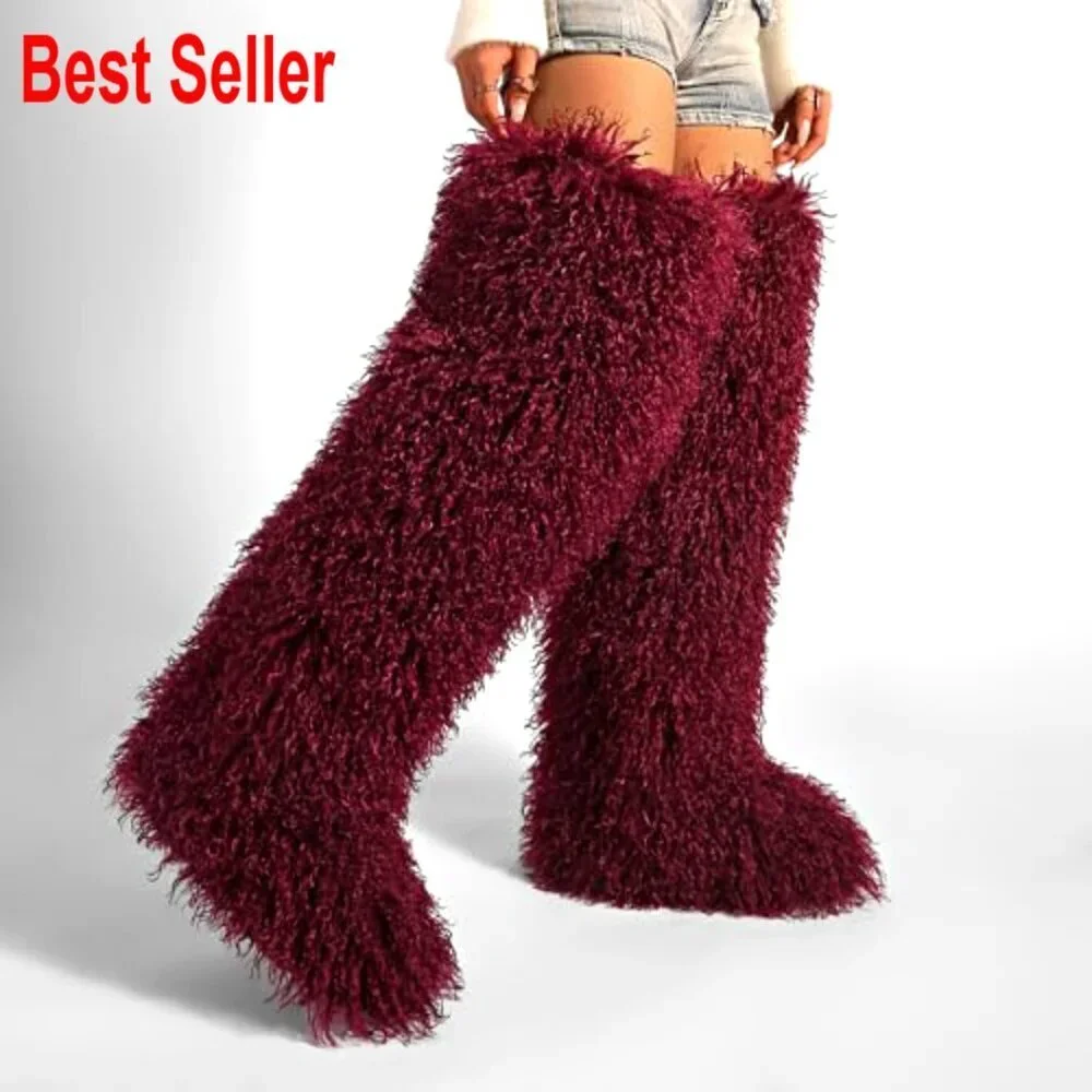 Thigh High Faux Fur Boots, Over the Knee Flat Winter Boots